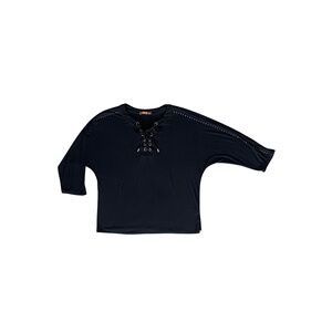 Belldini Women's V-Neck Grommet 3/4 Sleeve Top with Embellished Sleeves_Size M